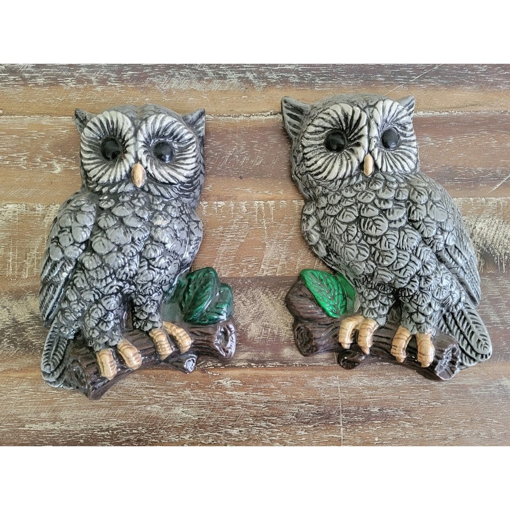 Vintage Ceramic 70s Wall Owls Art Decor Plaques Hand Made Cottagecore Kitch